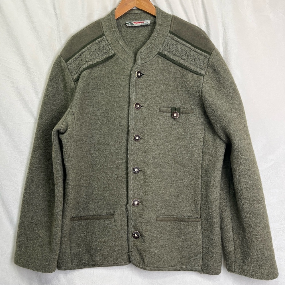 Vintage Mens Cardigan Alphorn Trachtenmode Von Alder Worsted Wool Green Size 52